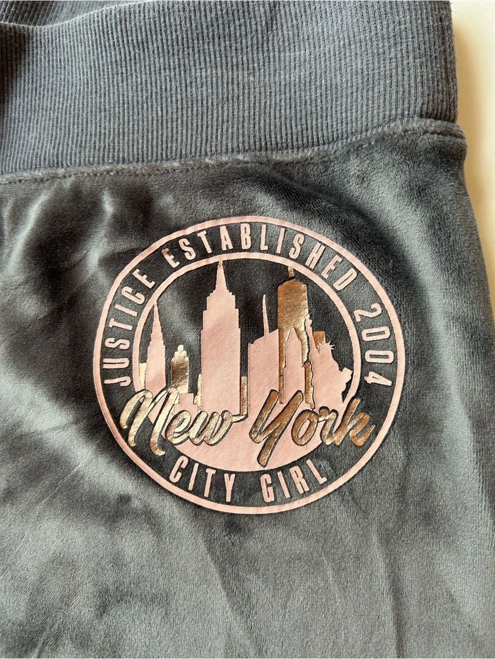 Justice Charcoal Velour Joggers with Pink Logo Patch